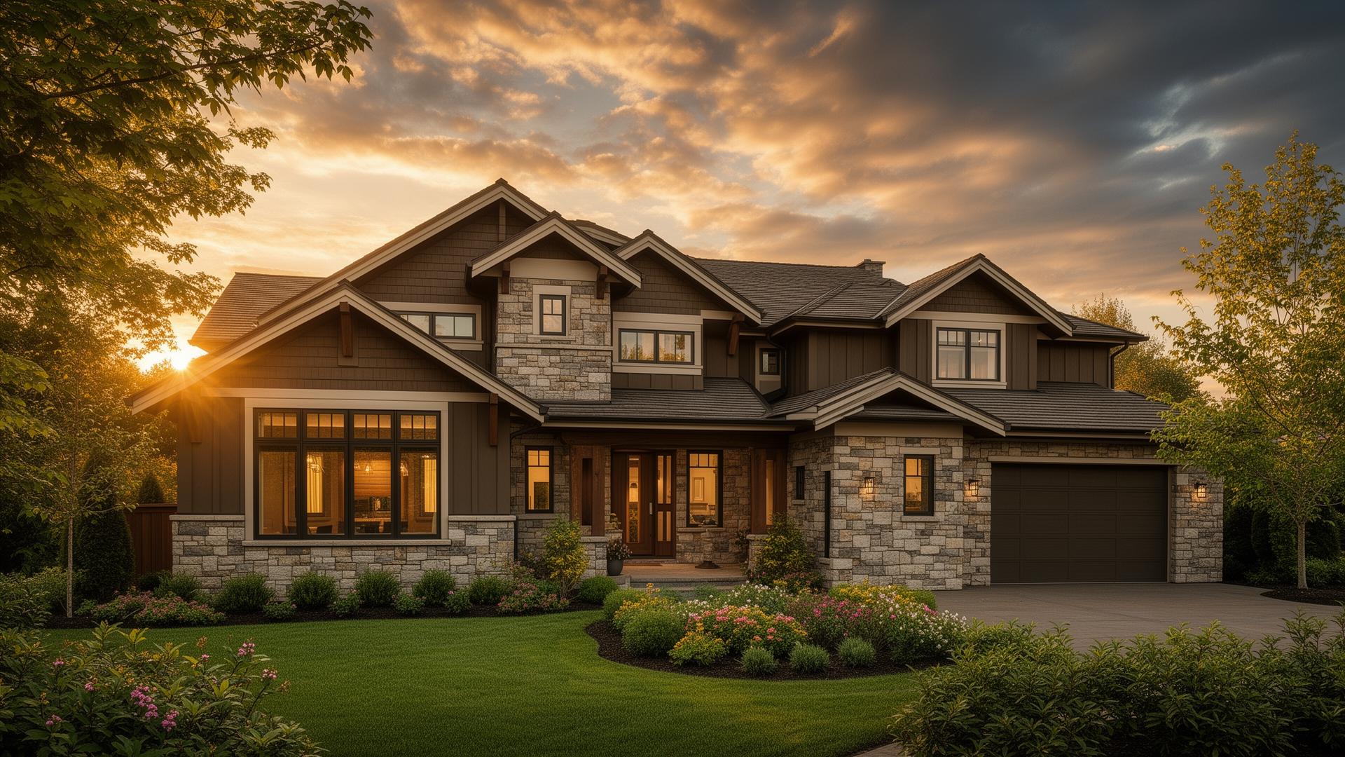 Beautifully built craftsman exterior at golden hour
