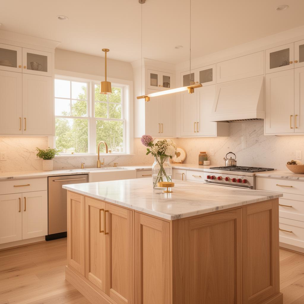 Remodeled kitchen with white oak cabinets and marble